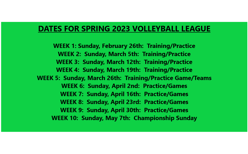 SPRING 2023 VOLLEYBALL LEAGUE DATES