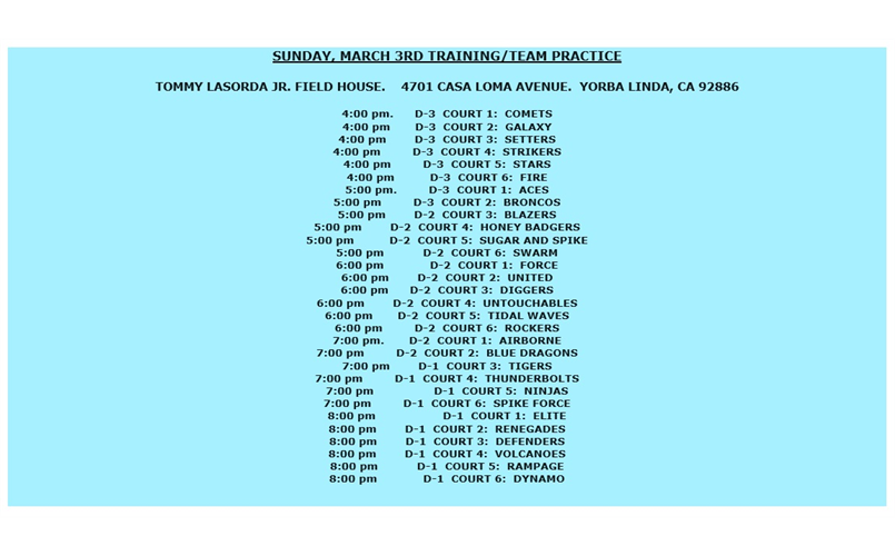 SUNDAY MARCH 3RD-TOMMY LASORDA PRACTICE SCHEDULE