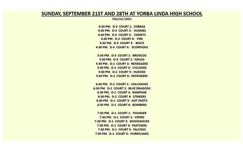 SUNDAY SEPT 21ST AND 28TH PRACTICE TIMES