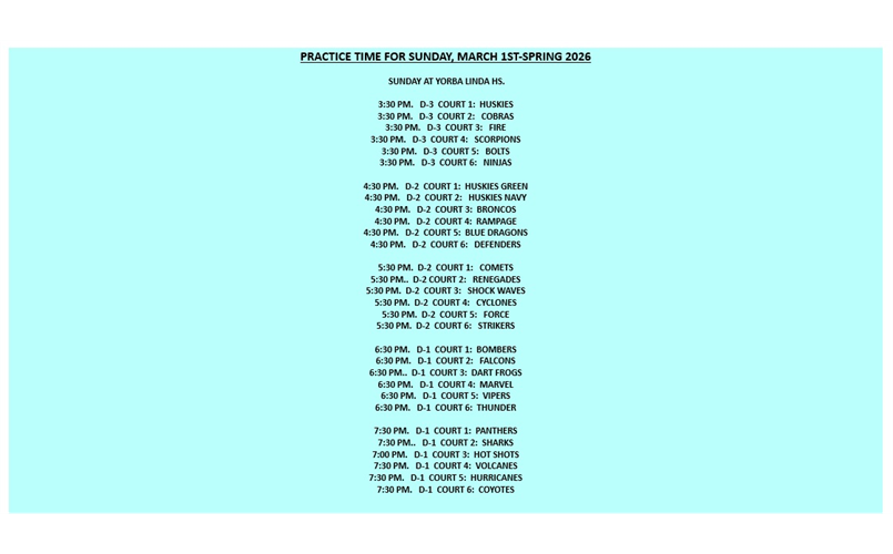SUNDAY-MARCH 1ST-PRACTICE TIMES