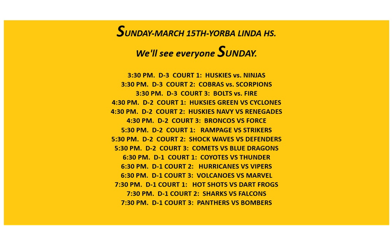 SUNDAY-MARCH 15TH GAME SCHEDULE