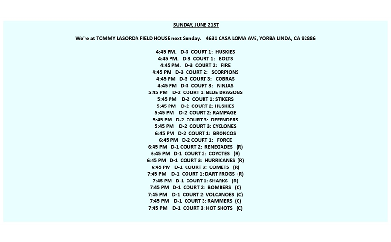 SUNDAY-JUNE 21ST PRACTICE TIME