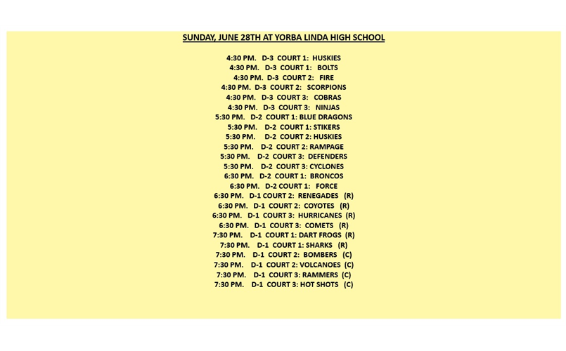SUNDAY, JUNE 28TH PRACTICE SCHEDULE
